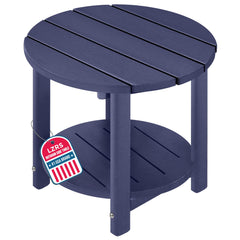 LZRS front view of navy round side table showing sturdy shape and weather resistance