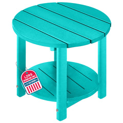 LZRS front view of turquoise round side table showing weatherproof design and curb appeal