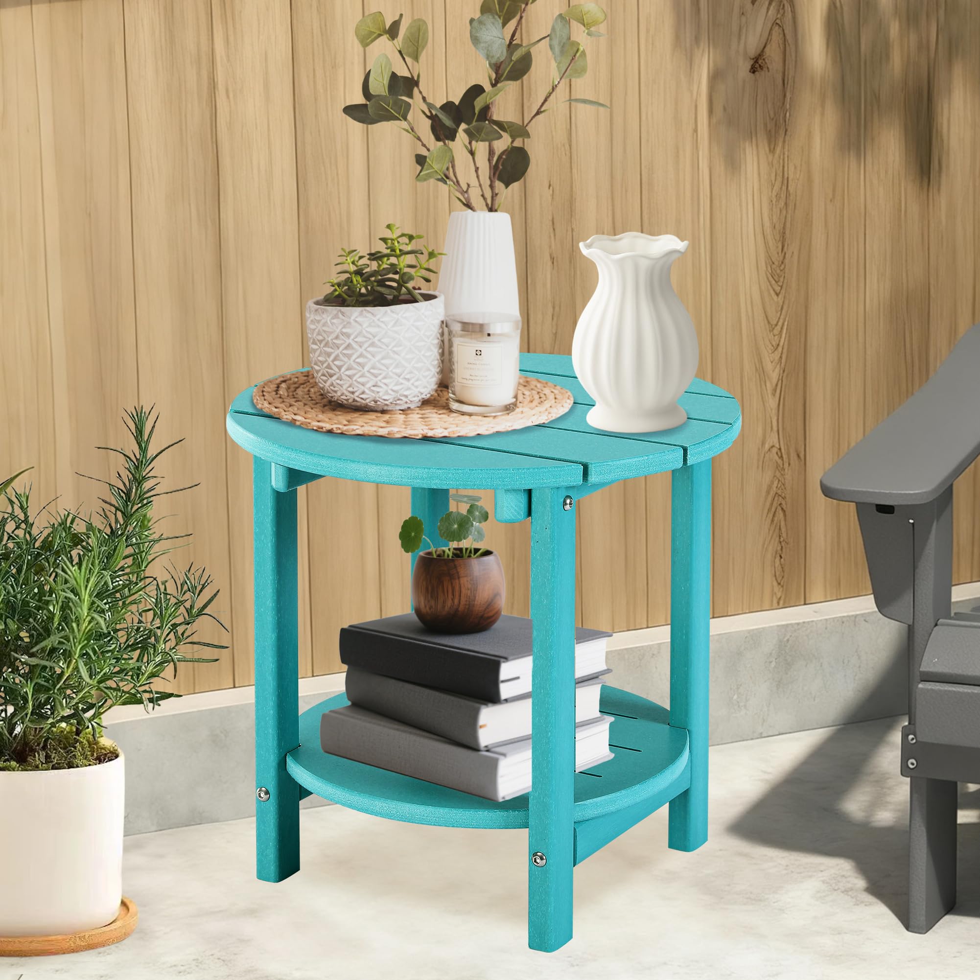 LZRS turquoise table poolside showing durable material and stylish outdoor accent