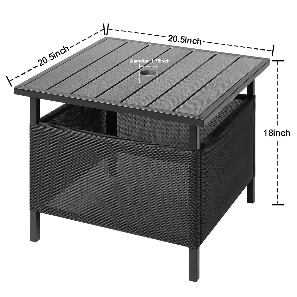 LZRS side table with umbrella in hole showing shade-ready convenience