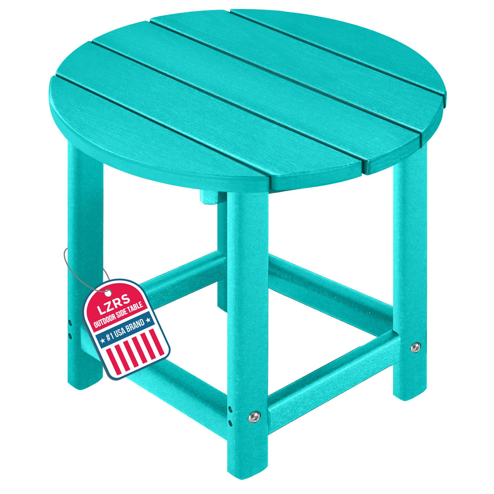 LZRS turquoise front view showing compact outdoor side table and stable base