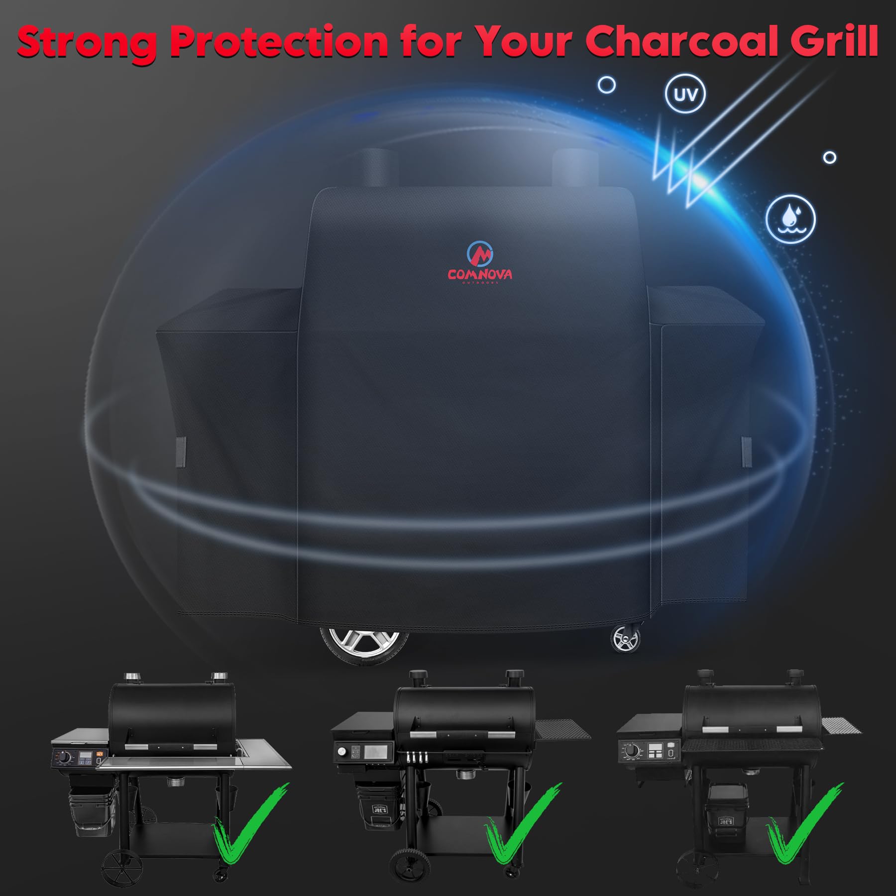 M COMNOVA OUTDOORS covered grill side profile showing full coverage benefit