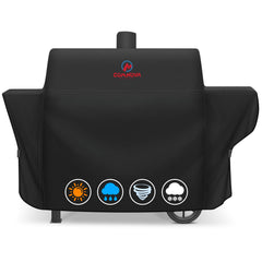 M COMNOVA OUTDOORS front view of cover fitting Oklahoma Joe's Canyon Combo, protects grill