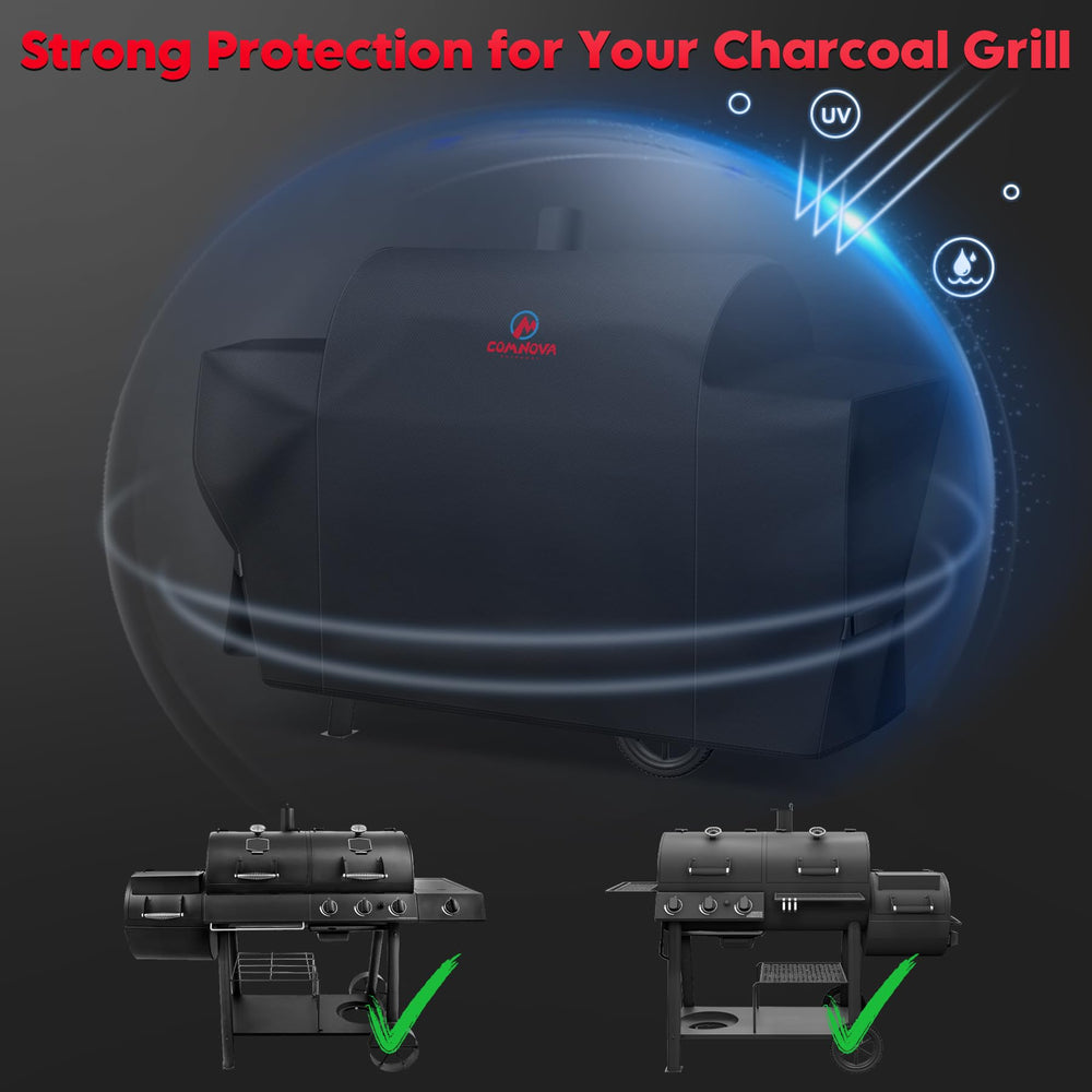 M COMNOVA OUTDOORS side profile over Oklahoma Joe's grill prevents dust and water damage