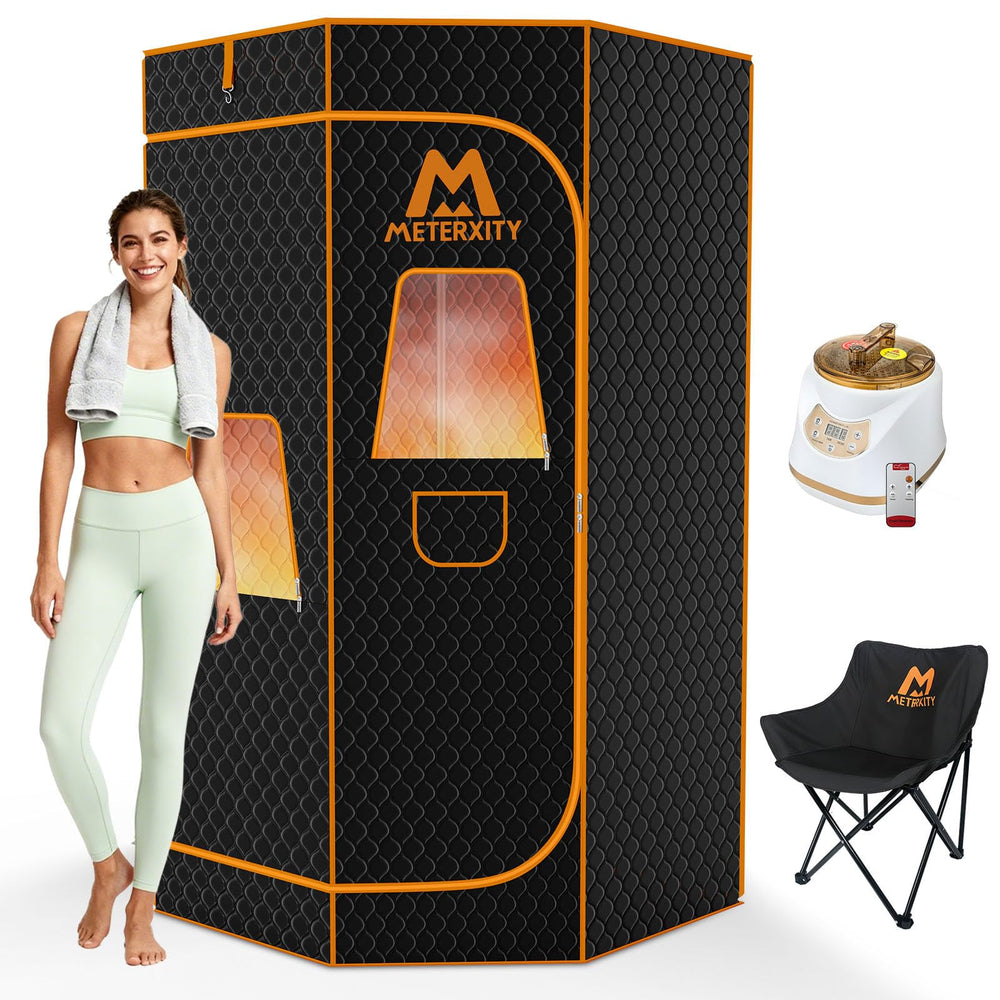 M METERXITY front view of assembled sauna tent showing full-size setup and comfort