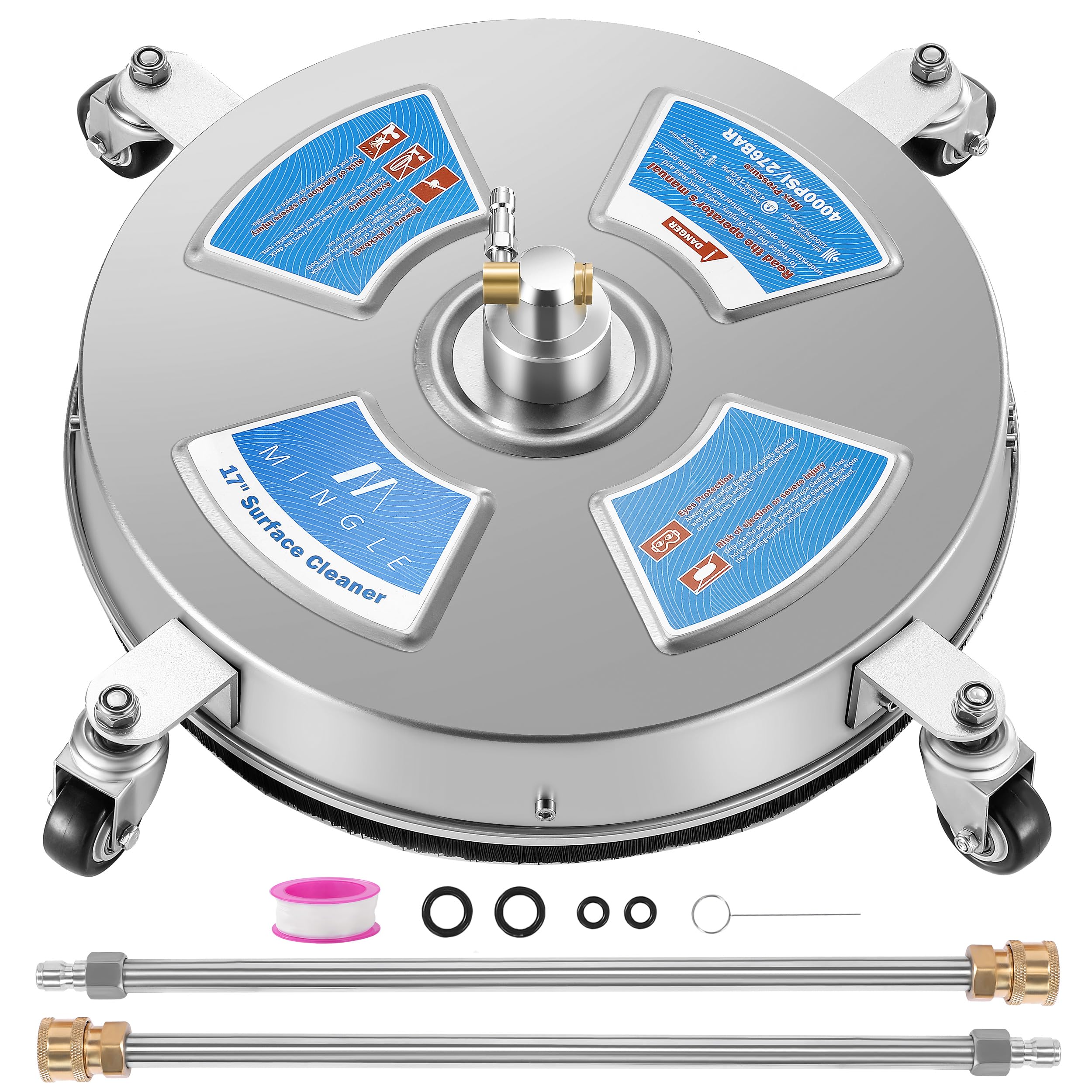 M MINGLE front view of 17-inch surface cleaner showing housing and wheels, fast cleaning
