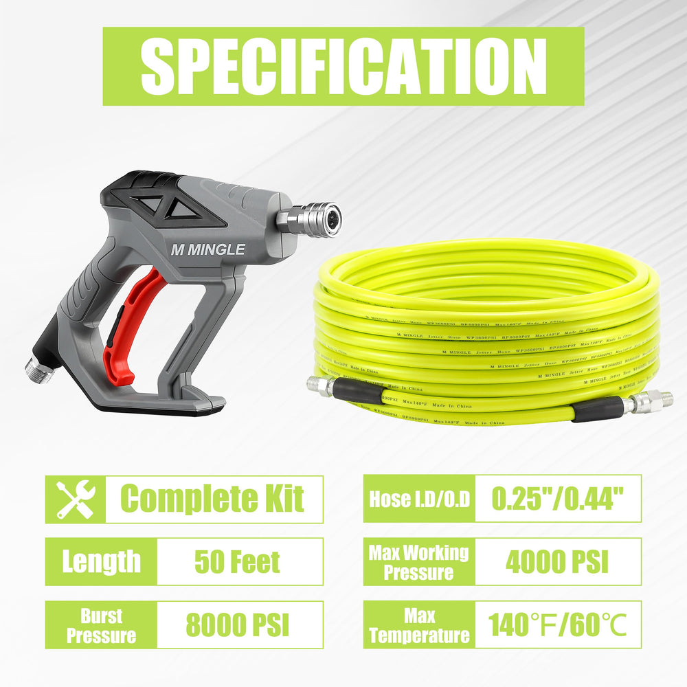 M MINGLE coiled 50 ft sewer jet hose close-up, flexible and durable for deep reach