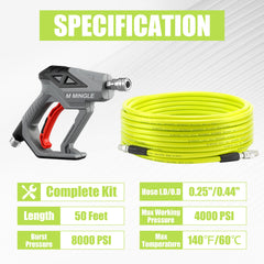 M MINGLE coiled 50 ft sewer jet hose close-up, flexible and durable for deep reach