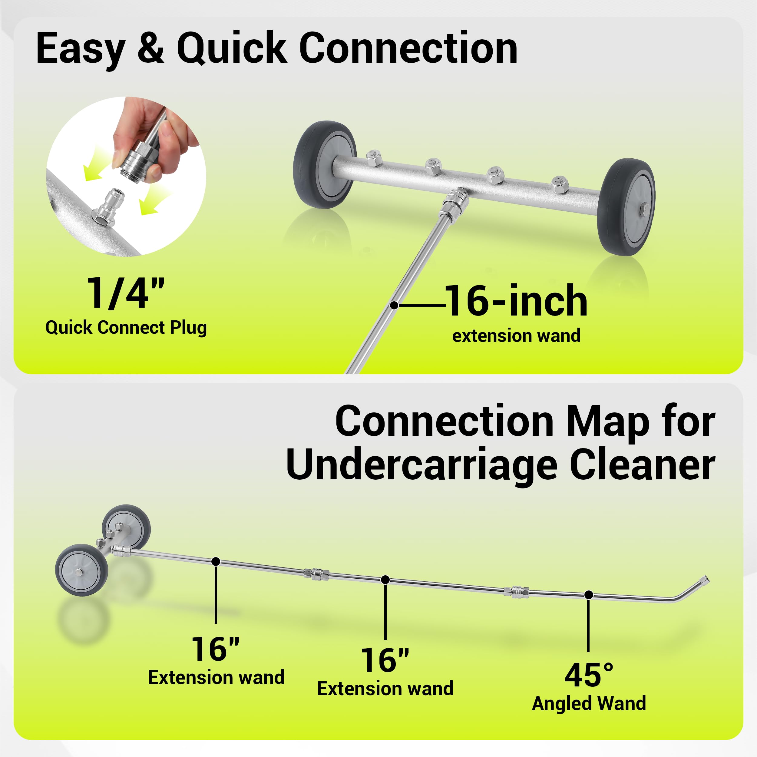 M MINGLE accessories laid out: foam cannon, wands, mitt, and nozzles for full vehicle care
