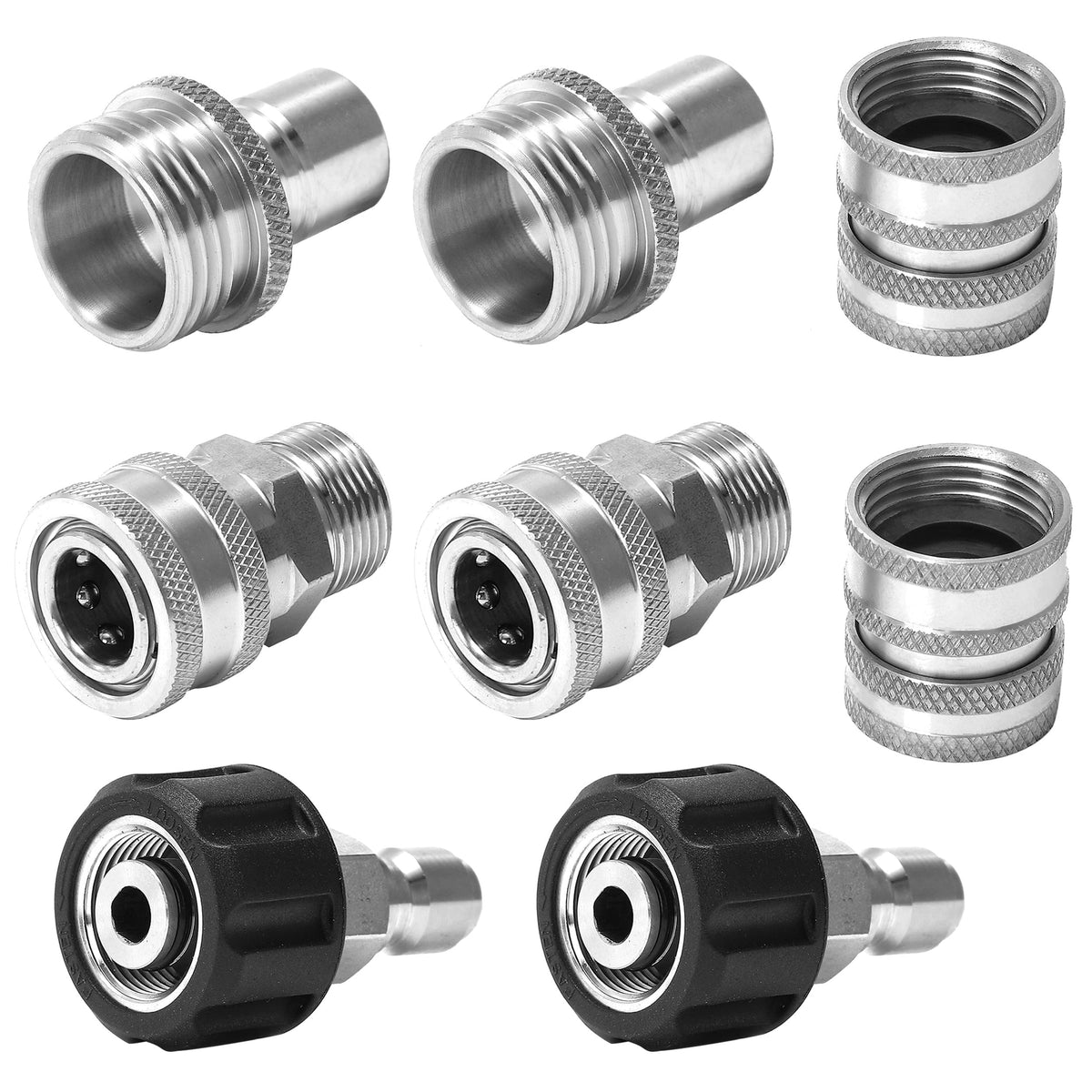 M MINGLE front view of adapter set showing all connectors and sturdy stainless finish, ensuring reliability