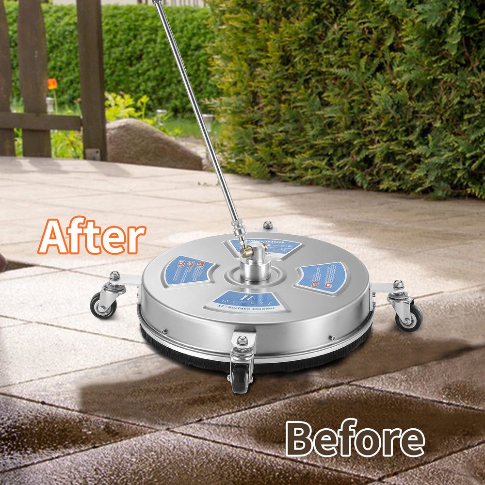 M MINGLE surface cleaner in use on driveway, speeds up patio and sidewalk cleaning