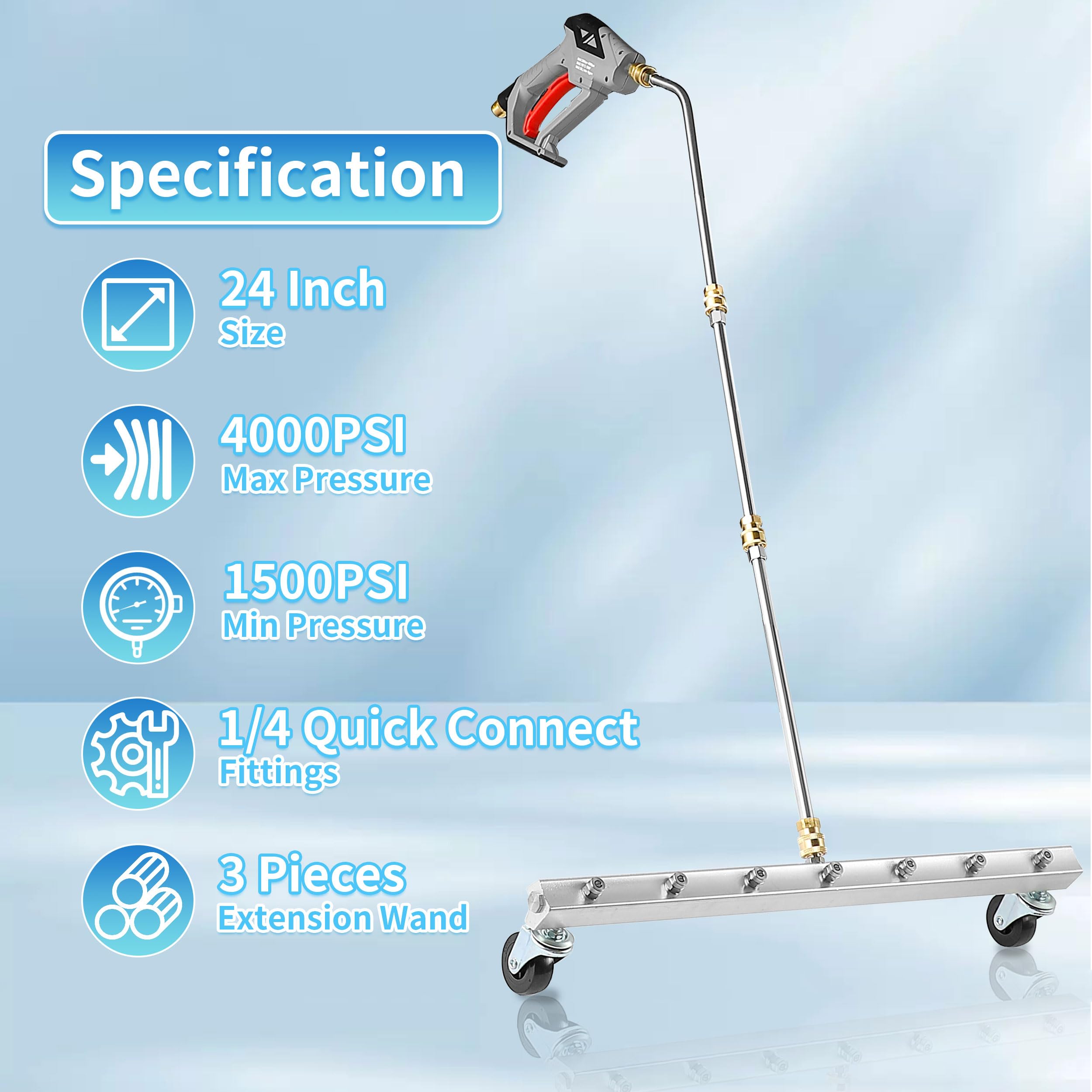 M MINGLE cleaning a vehicle underside showing time-saving and thorough rinse benefit