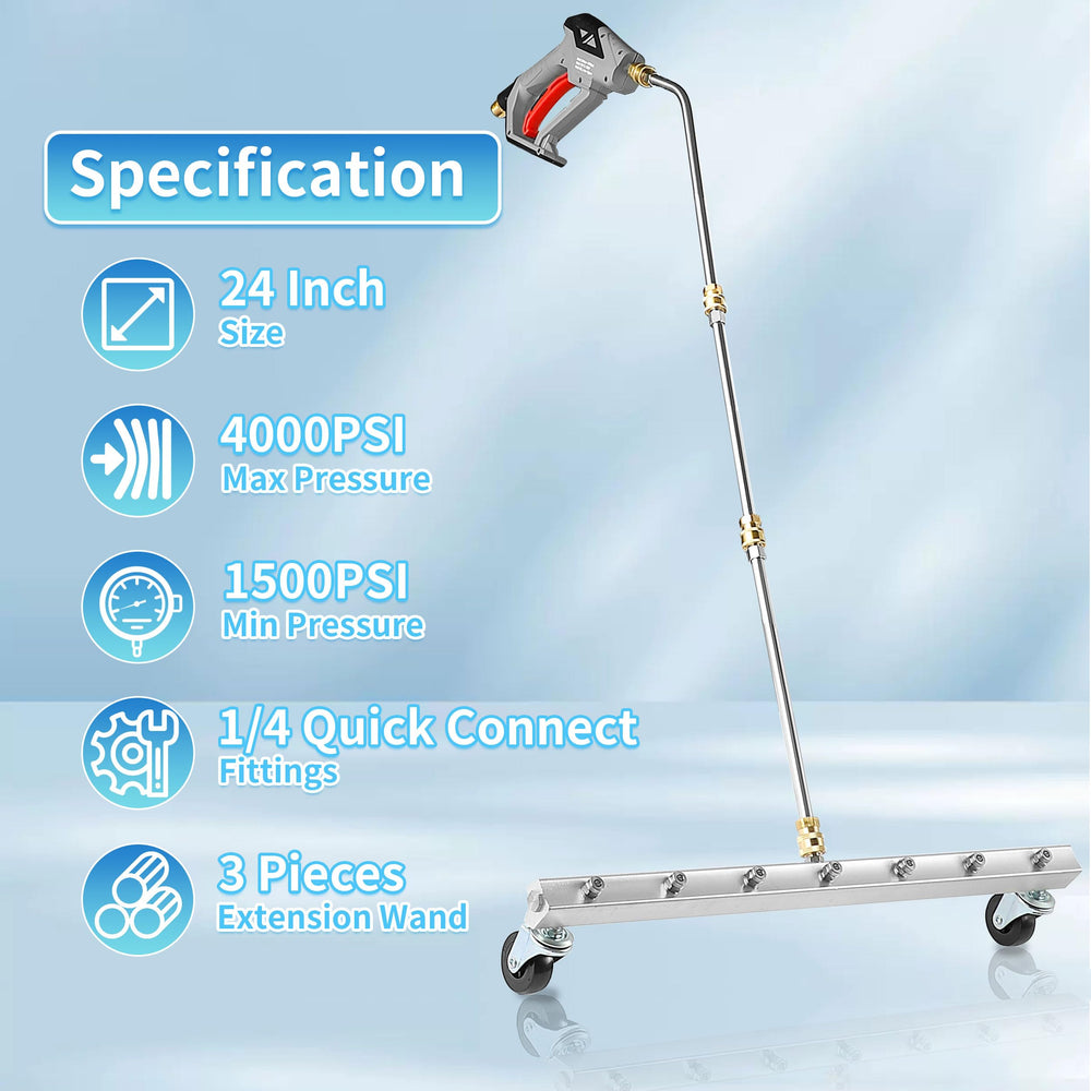 M MINGLE cleaning a vehicle underside showing time-saving and thorough rinse benefit
