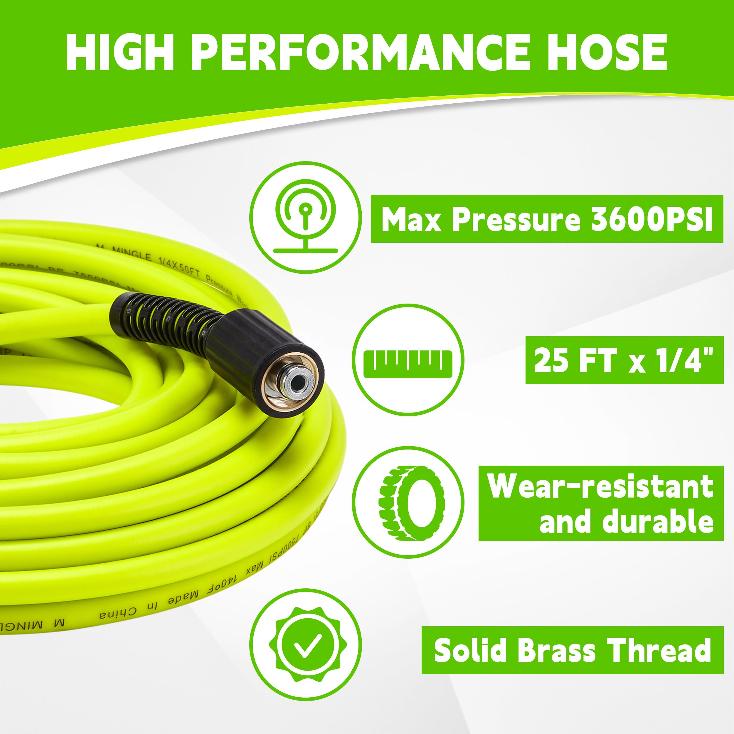 M MINGLE hose-to-gun coupler detail showing secure fit and leak prevention benefit