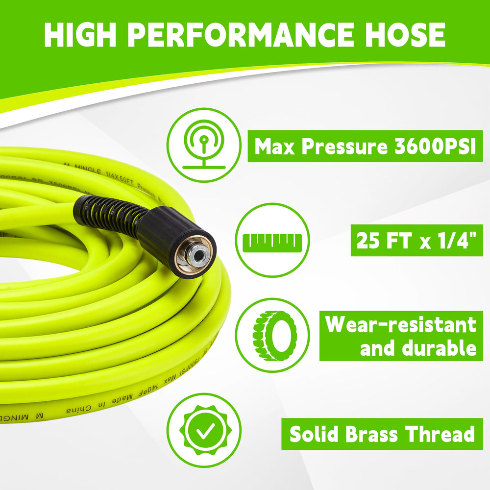 M MINGLE hose-to-gun coupler detail showing secure fit and leak prevention benefit