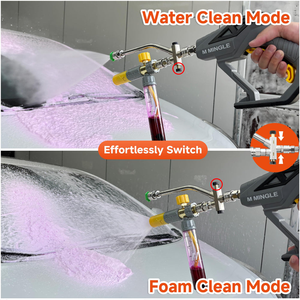 M MINGLE dual lance detail showing two-way valve for fast foam-to-water switching benefit