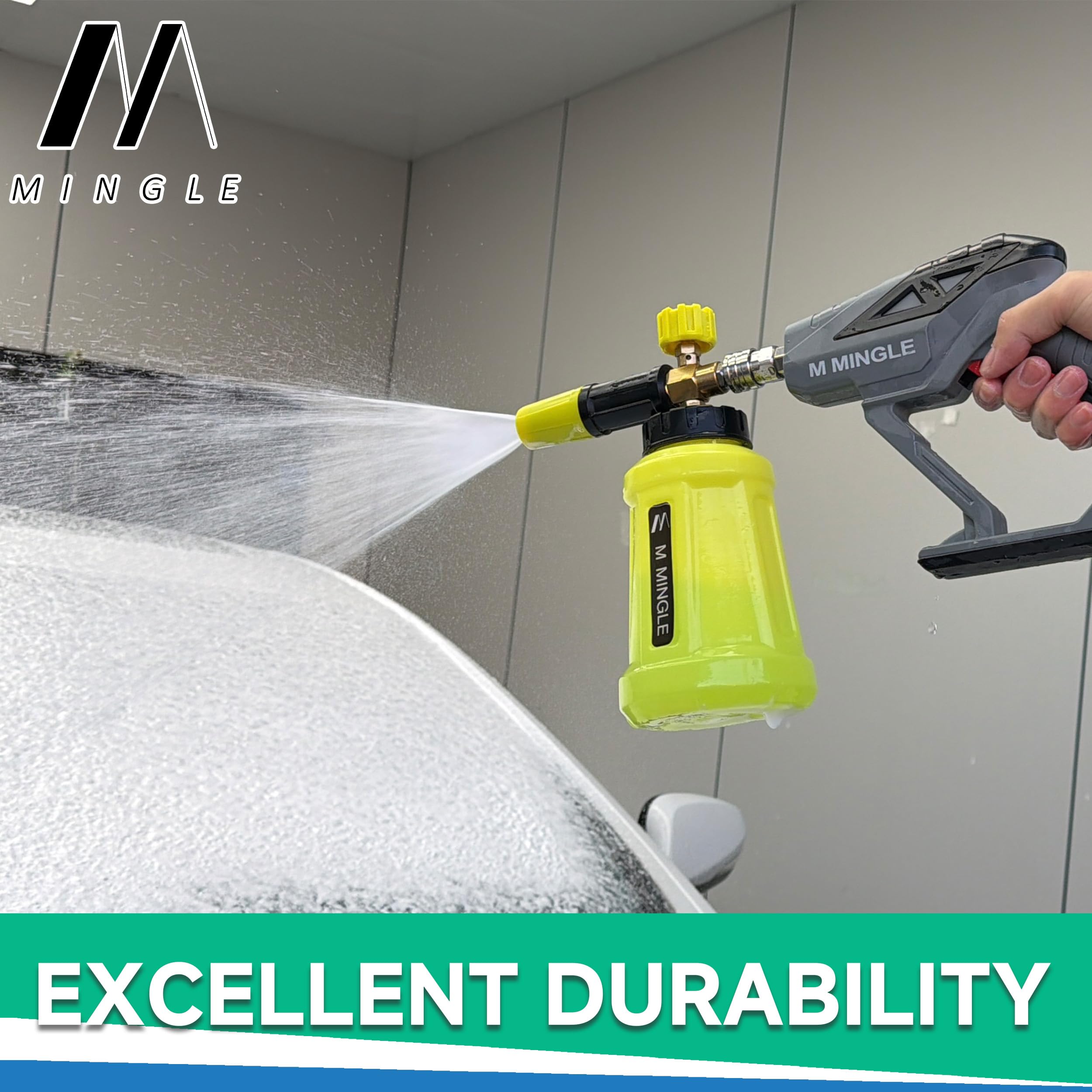 M MINGLE 34oz foam cannon close-up with wide-mouth top for easy refill and secure cap