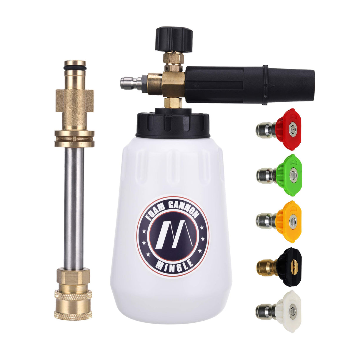 M MINGLE foam cannon front view showing bottle and lance for fast cleaning