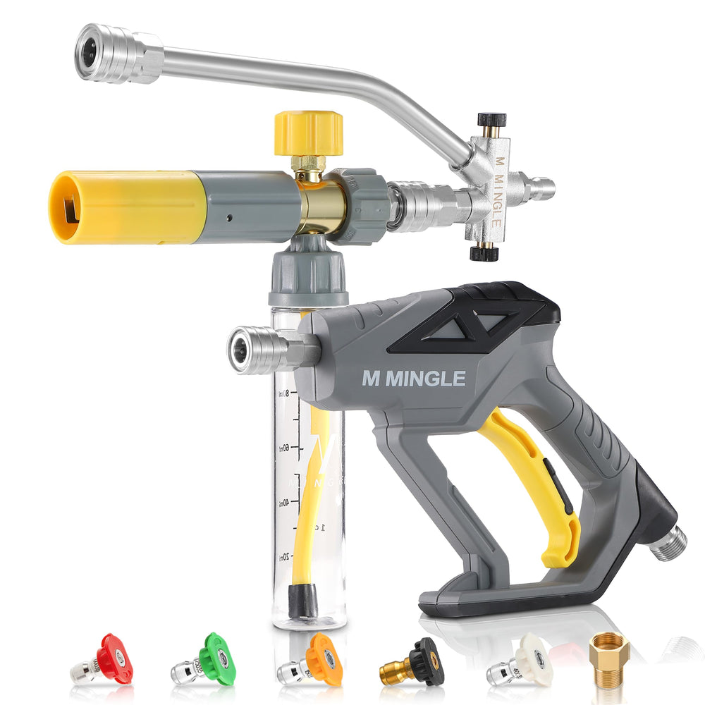 M MINGLE foam gun front view showing compact build and quick connection benefit