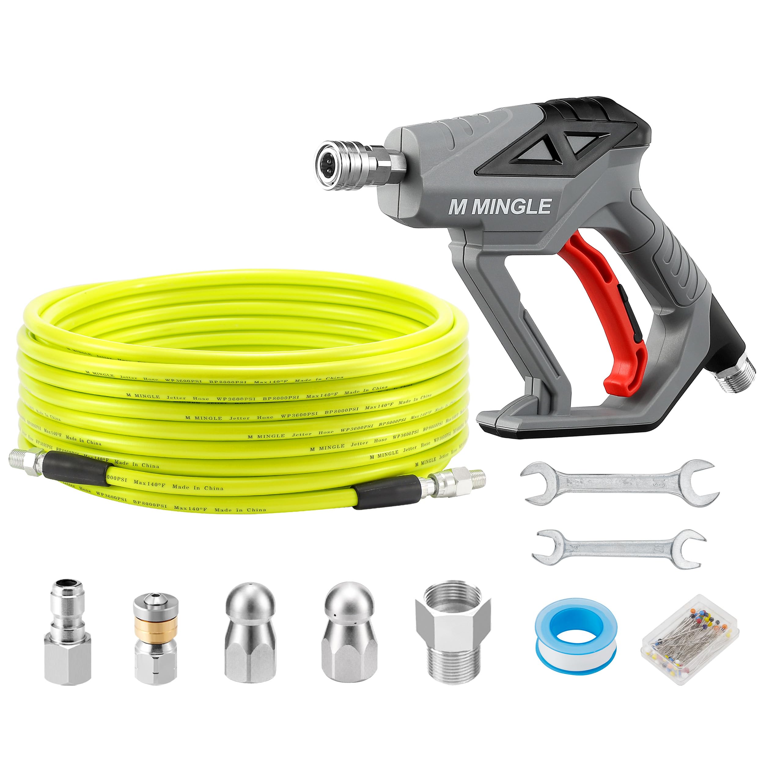 M MINGLE front packaging of sewer jetter kit showing included components and benefits