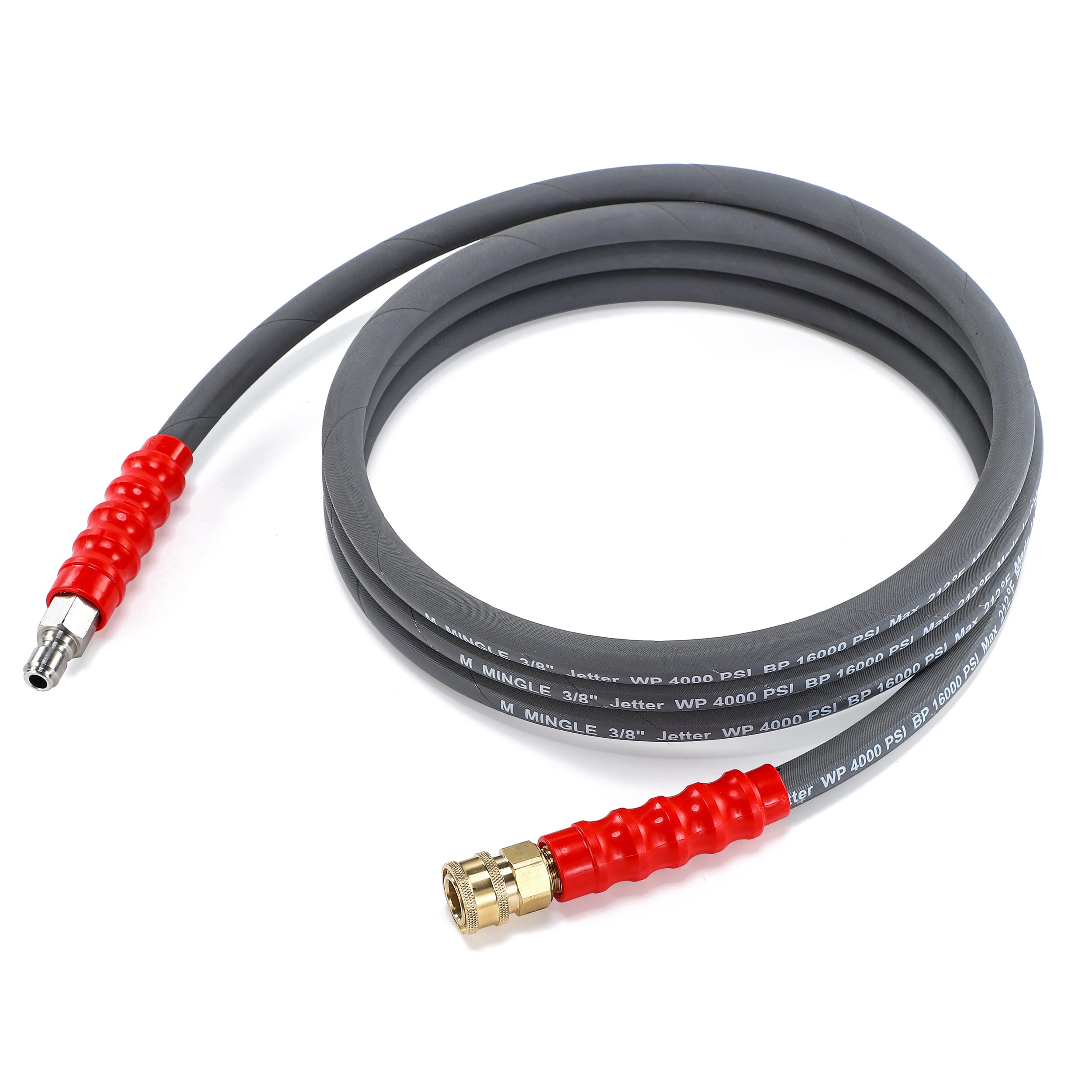 M MINGLE front view of 10 ft jumper hose showing connectors and braid, durable connection