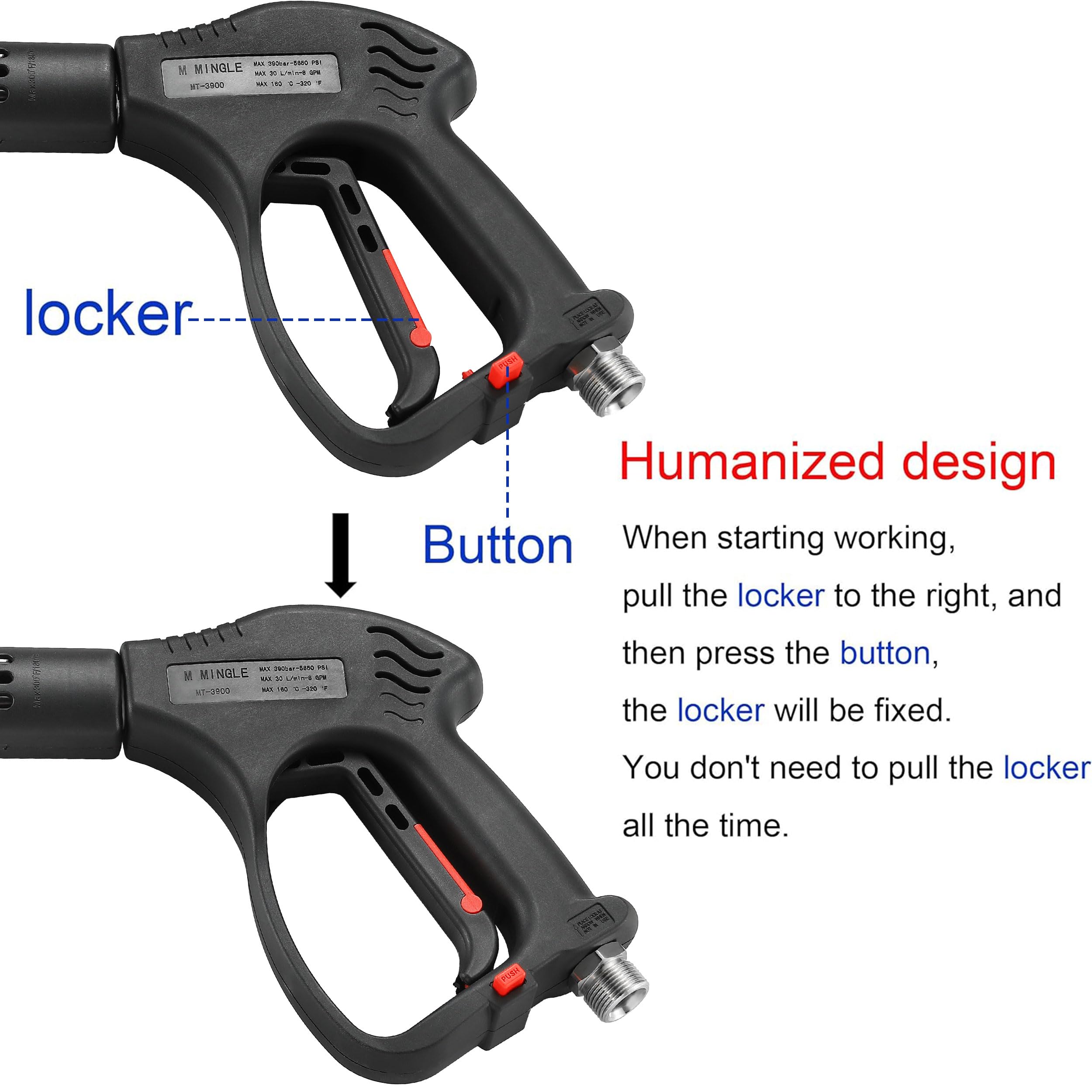 M MINGLE gun connected to M22 hose with coupler demonstrating easy compatibility