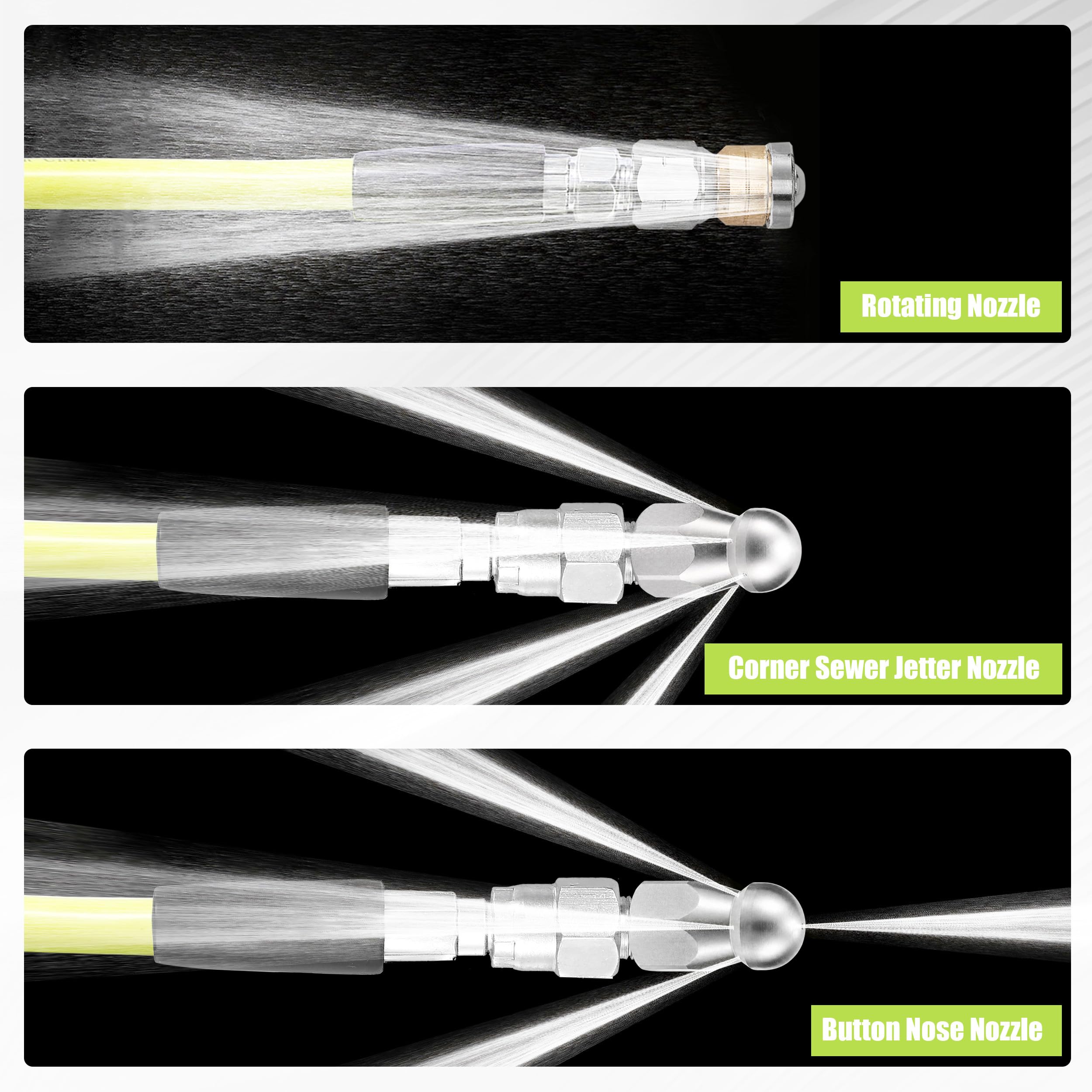 M MINGLE hose inserted into drain showing effective debris flushing