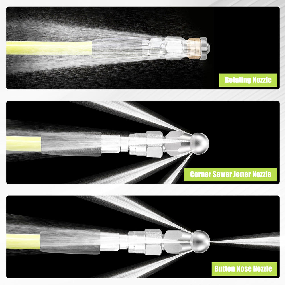 M MINGLE hose inserted into drain showing effective debris flushing