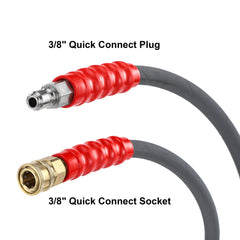 M MINGLE hose connected between pressure washer and reel demonstrating easy reel use