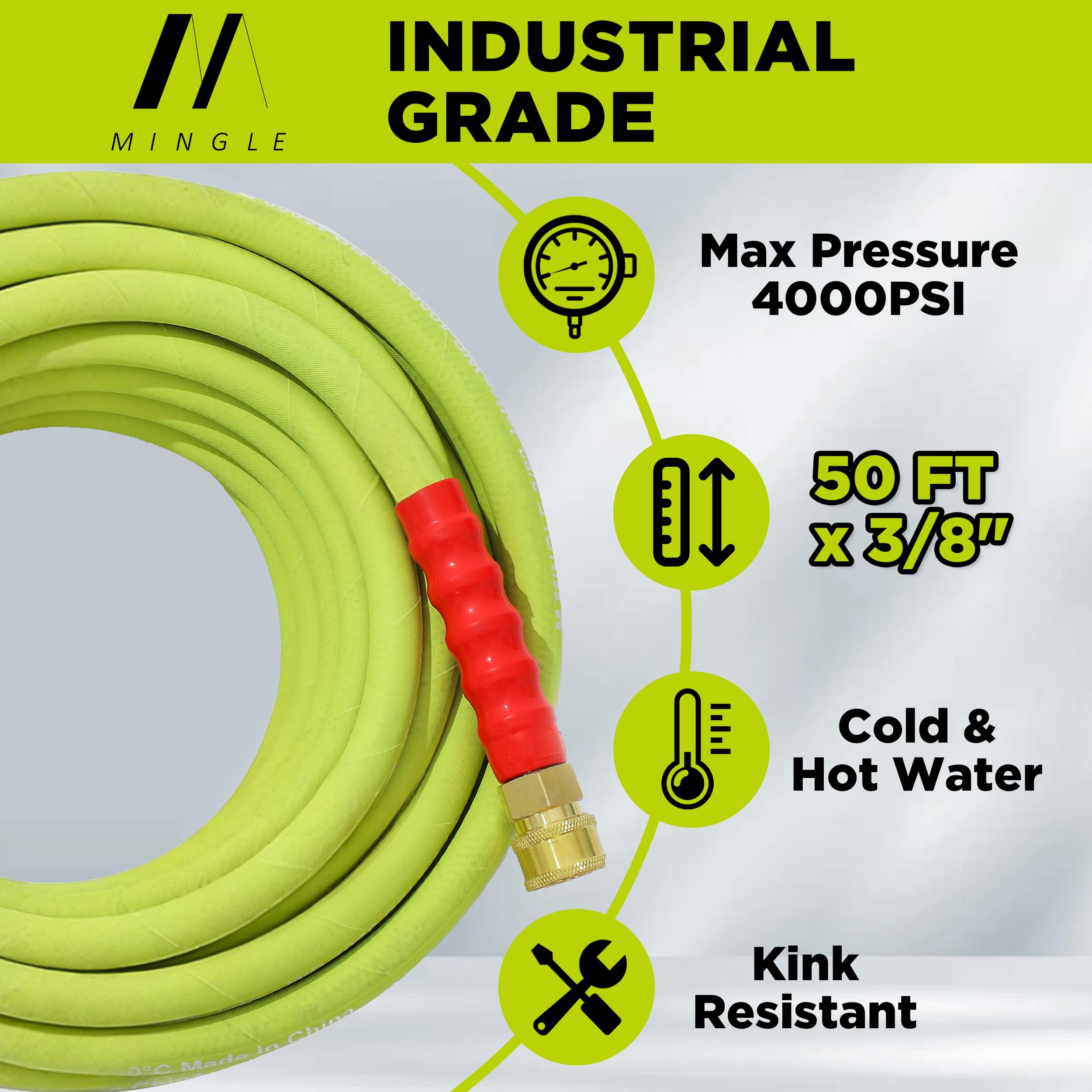 M MINGLE hose laid beside measuring tape showing 50 ft length for extended reach