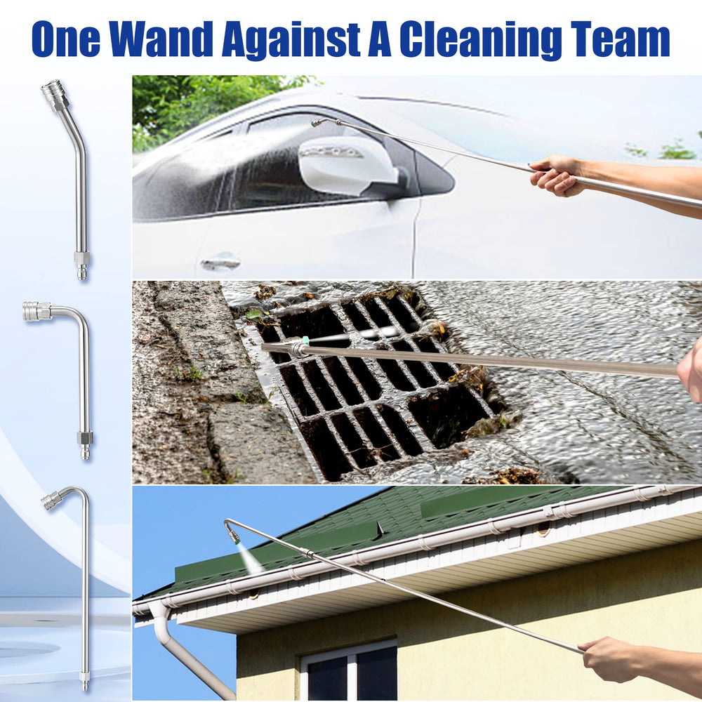 M MINGLE wand in use cleaning gutters from ground demonstrating safer operation