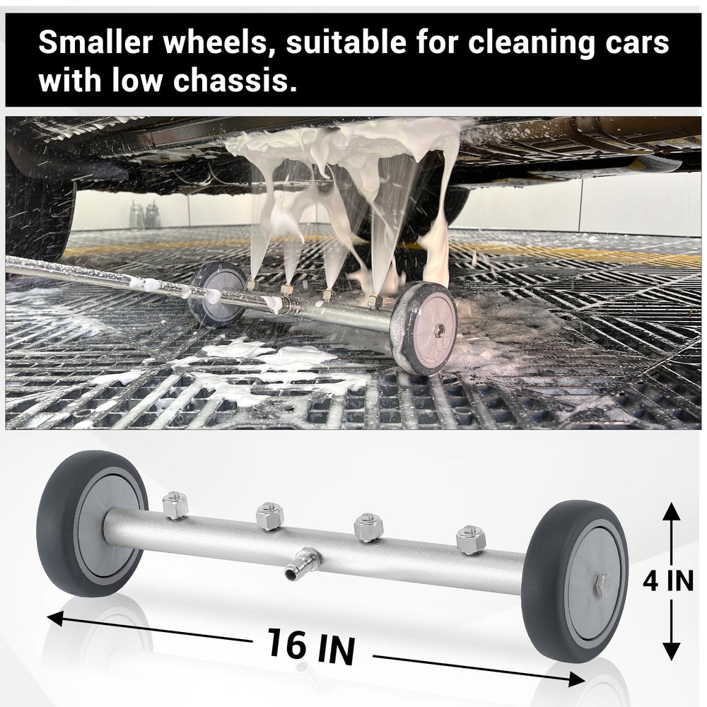 M MINGLE undercarriage washer in use under a sedan demonstrating accessible underbody cleaning