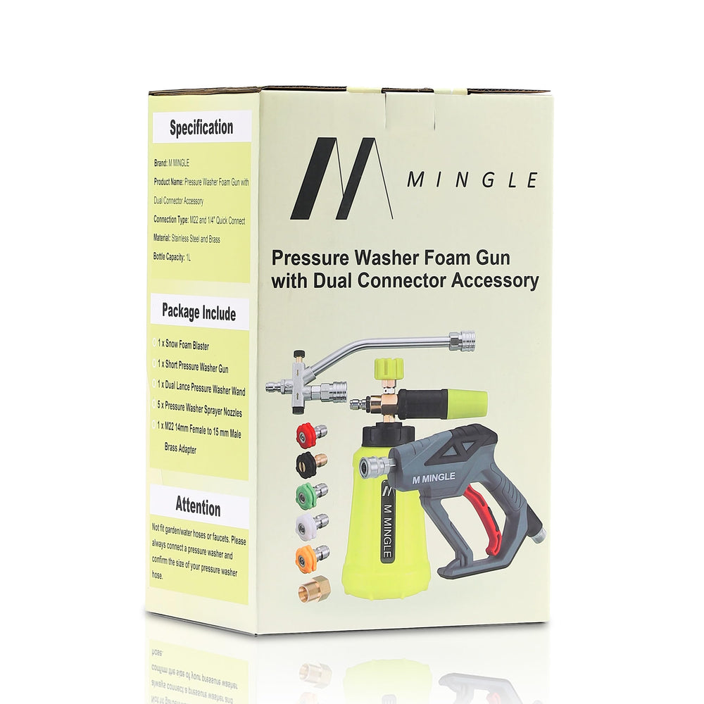 M MINGLE lifestyle car wash setup demonstrating foam pre-soak and efficient rinse