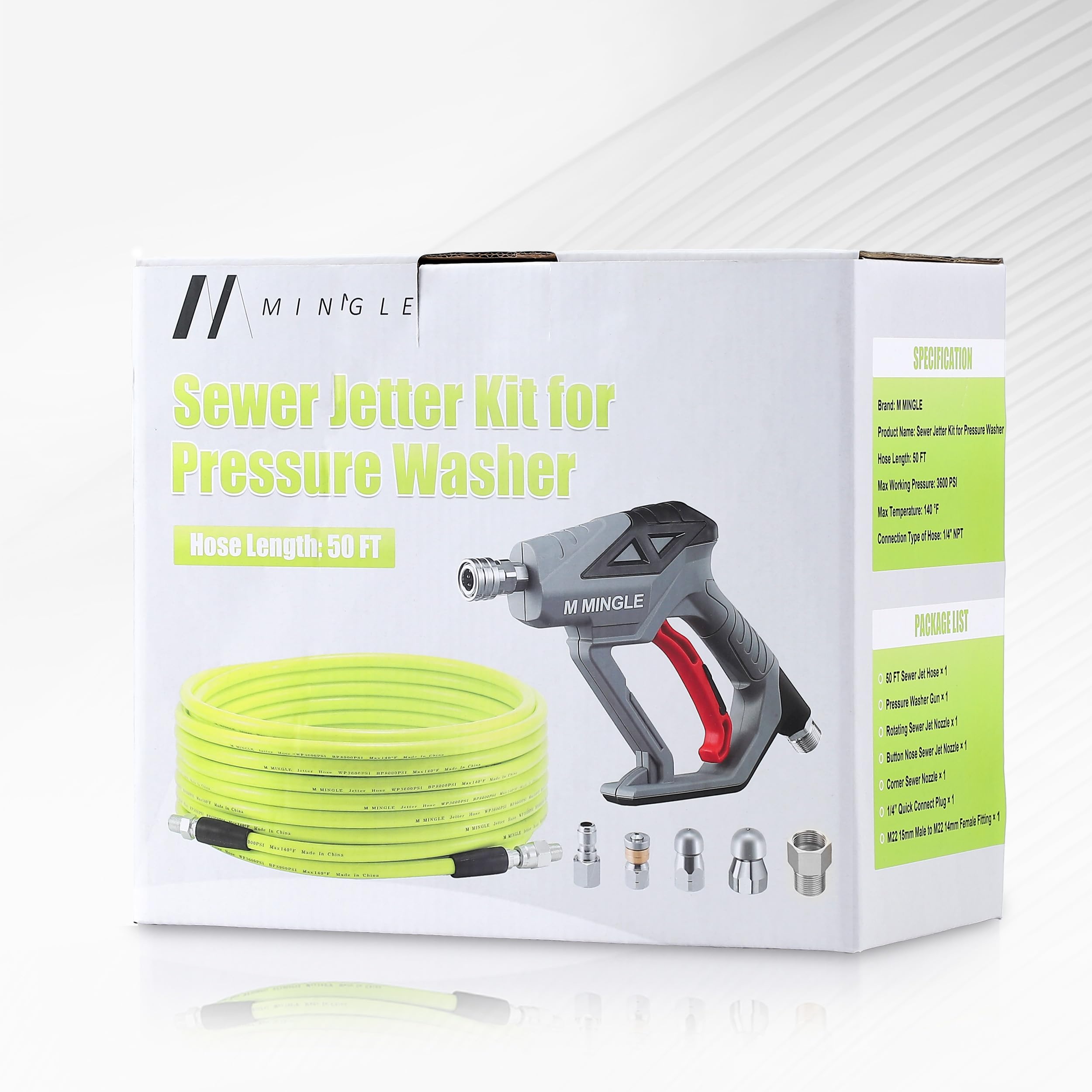 M MINGLE kit staged with a pressure washer on driveway showing practical job setup