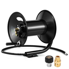 M MINGLE front view of steel hose reel showing durable frame and capacity benefit
