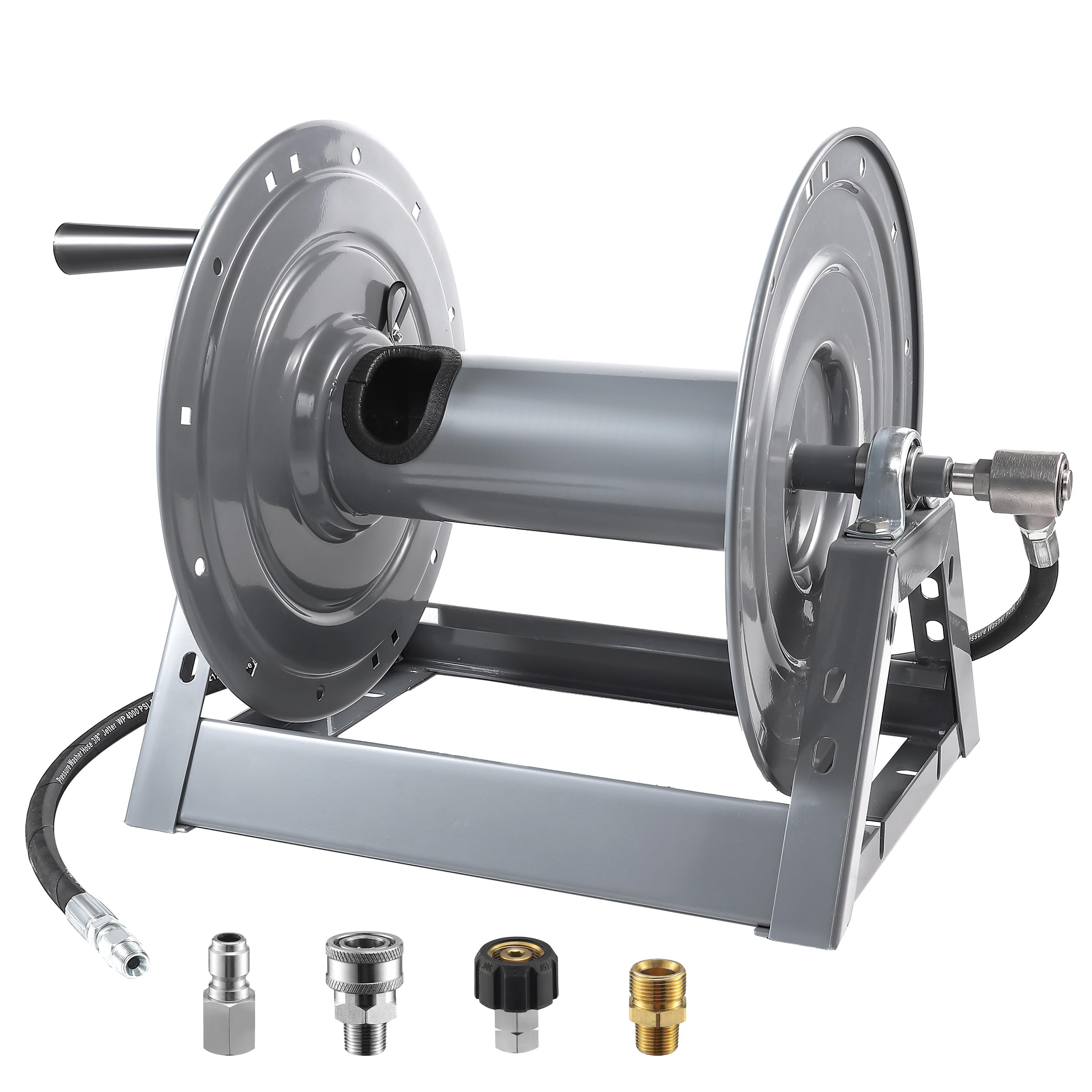M MINGLE reel front view showing sturdy frame and neat hose storage benefit