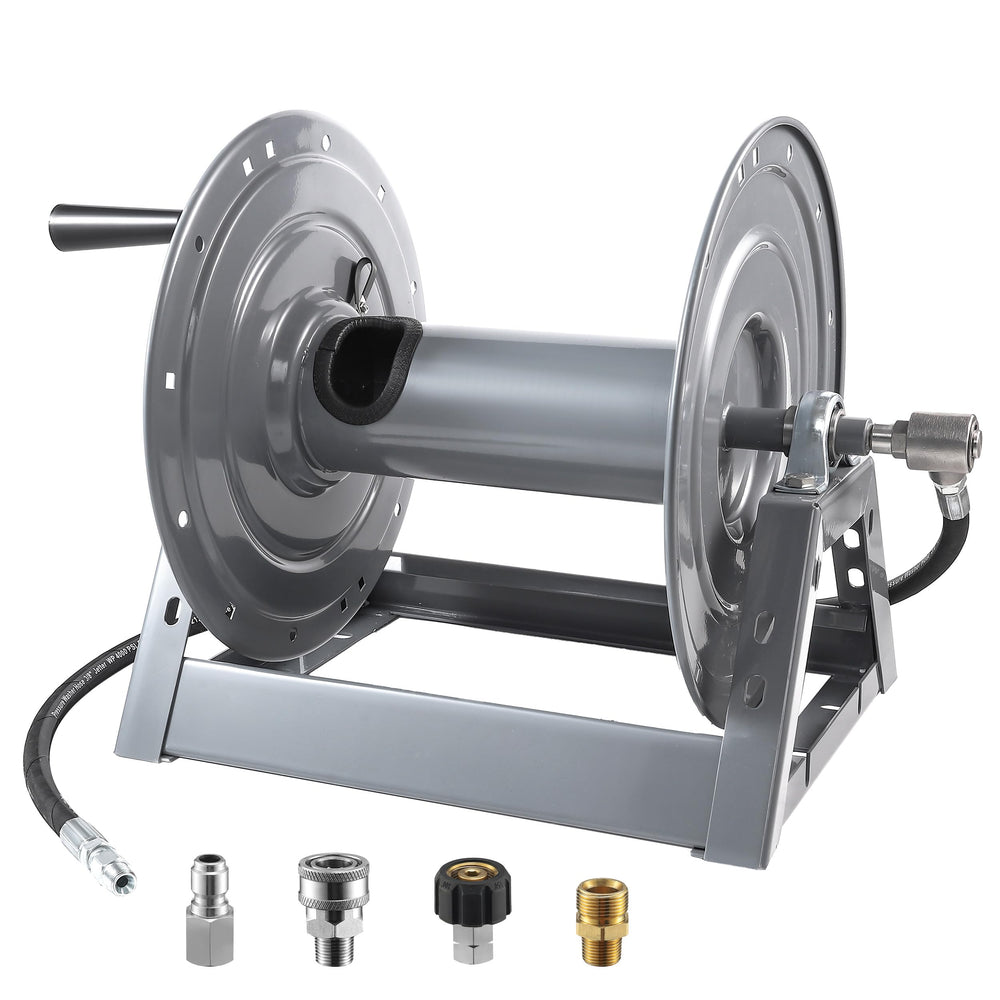 M MINGLE reel front view showing sturdy frame and neat hose storage benefit