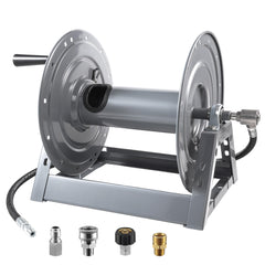 M MINGLE reel front view showing sturdy frame and neat hose storage benefit