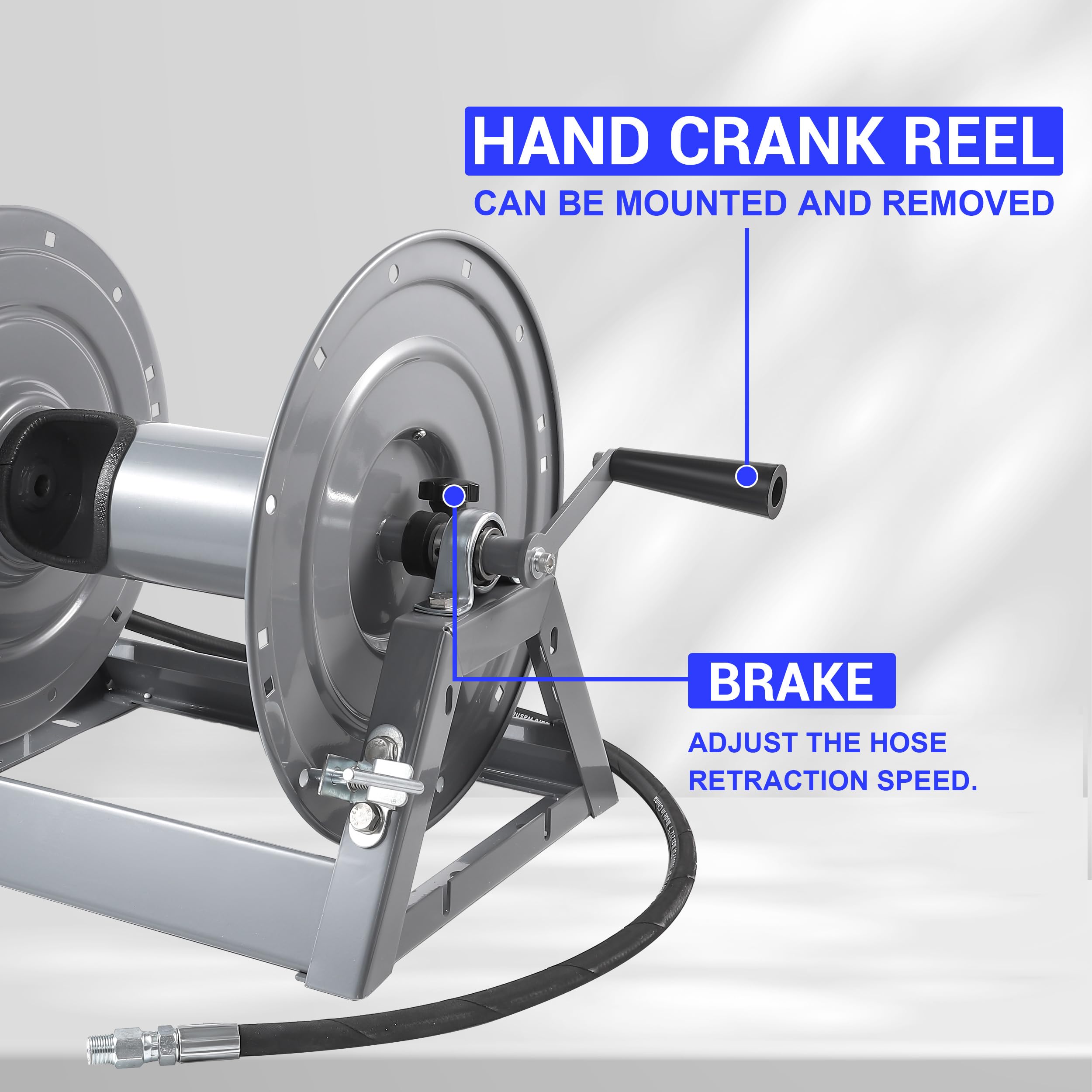 M MINGLE reel size scale comparison showing 300ft capacity for long hoses benefit