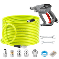 M MINGLE complete sewer jetter kit laid out showing all components and benefits