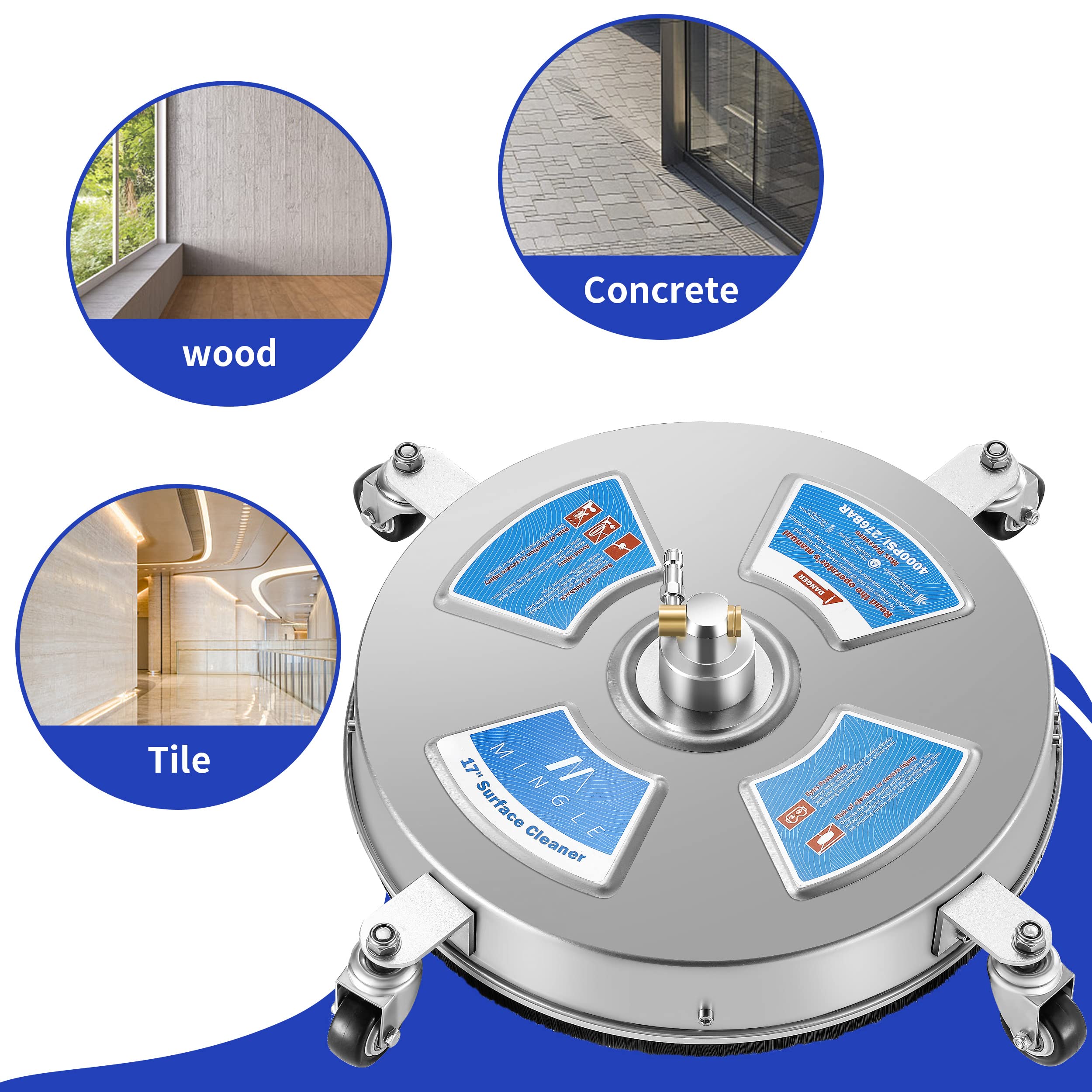 M MINGLE cleaner beside ruler showing 17-inch span, visual size and coverage benefit