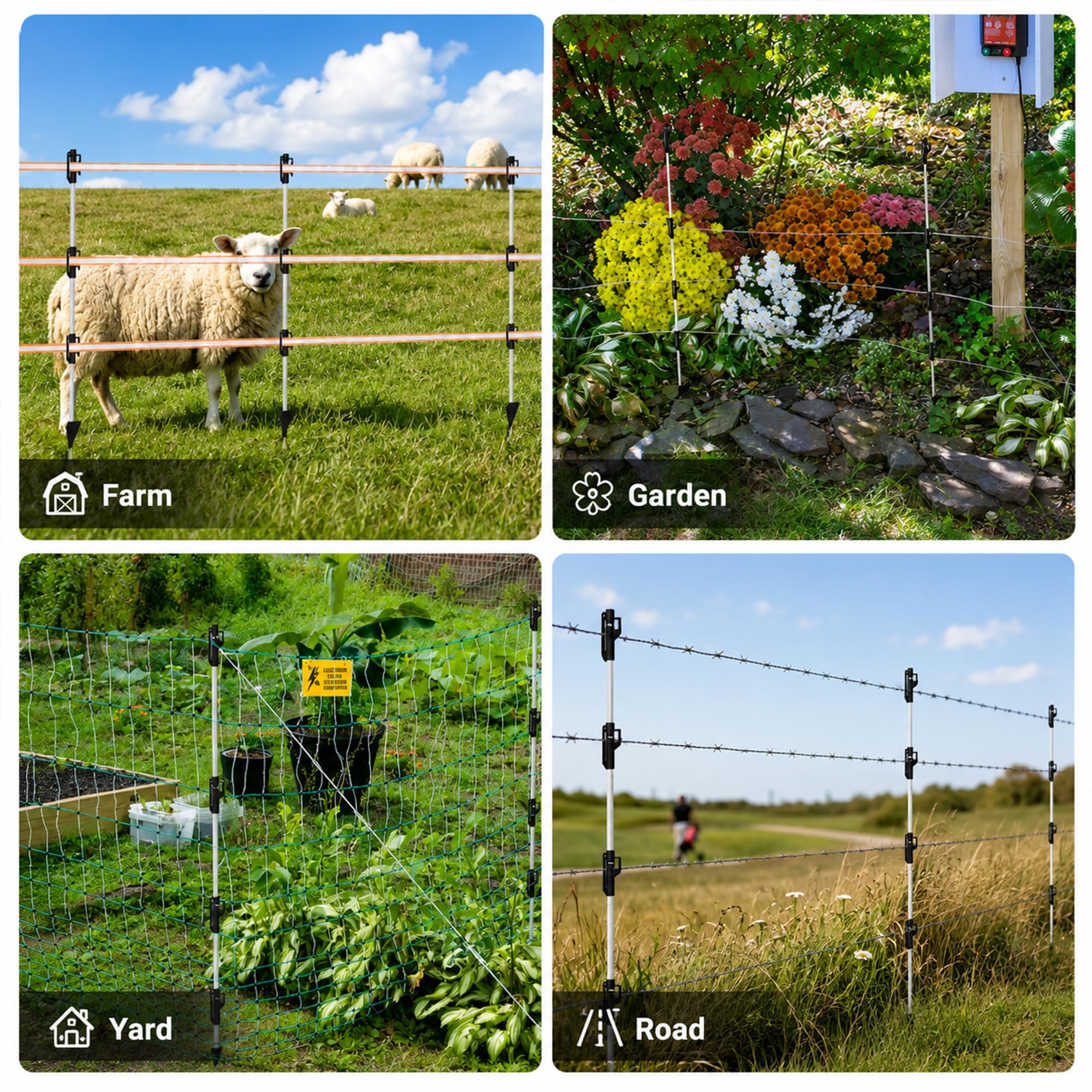 M MINGYA garden scene with posts and polytape showing flexible seasonal fencing benefit