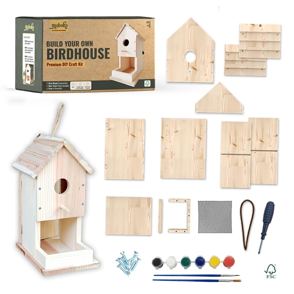 Maboko front packaging showing complete DIY birdhouse kit benefits
