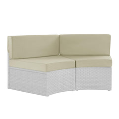 MABOZOO front view of beige half-moon cushion showing fit and shape for curved sofas