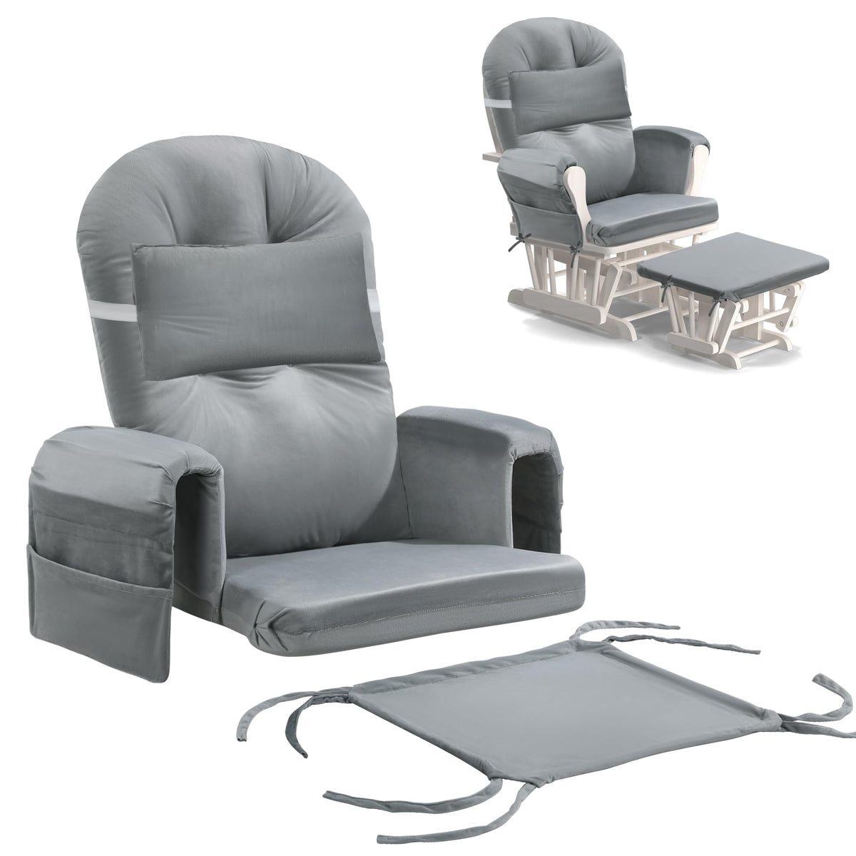 MABOZOO front view of full 6-piece cushion set showing cohesive gray velvet and organized storage