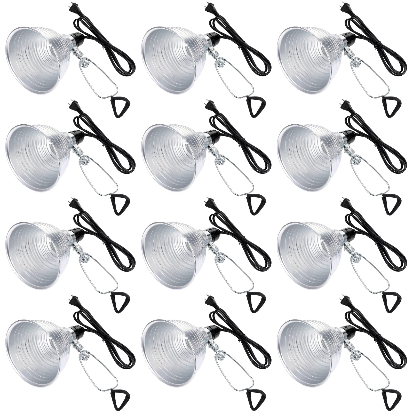 Macarrie front view of 12-pack clamp lamps showing compact reflectors and clamps