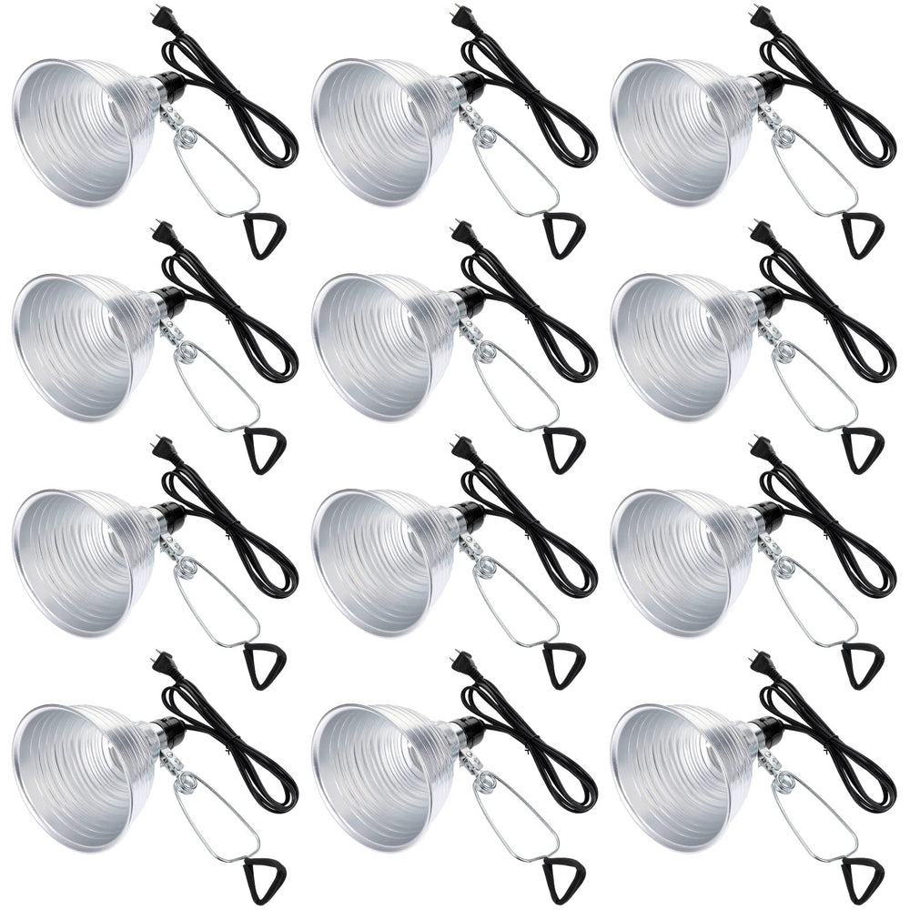 Macarrie front view of 12-pack clamp lamps showing compact reflectors and clamps