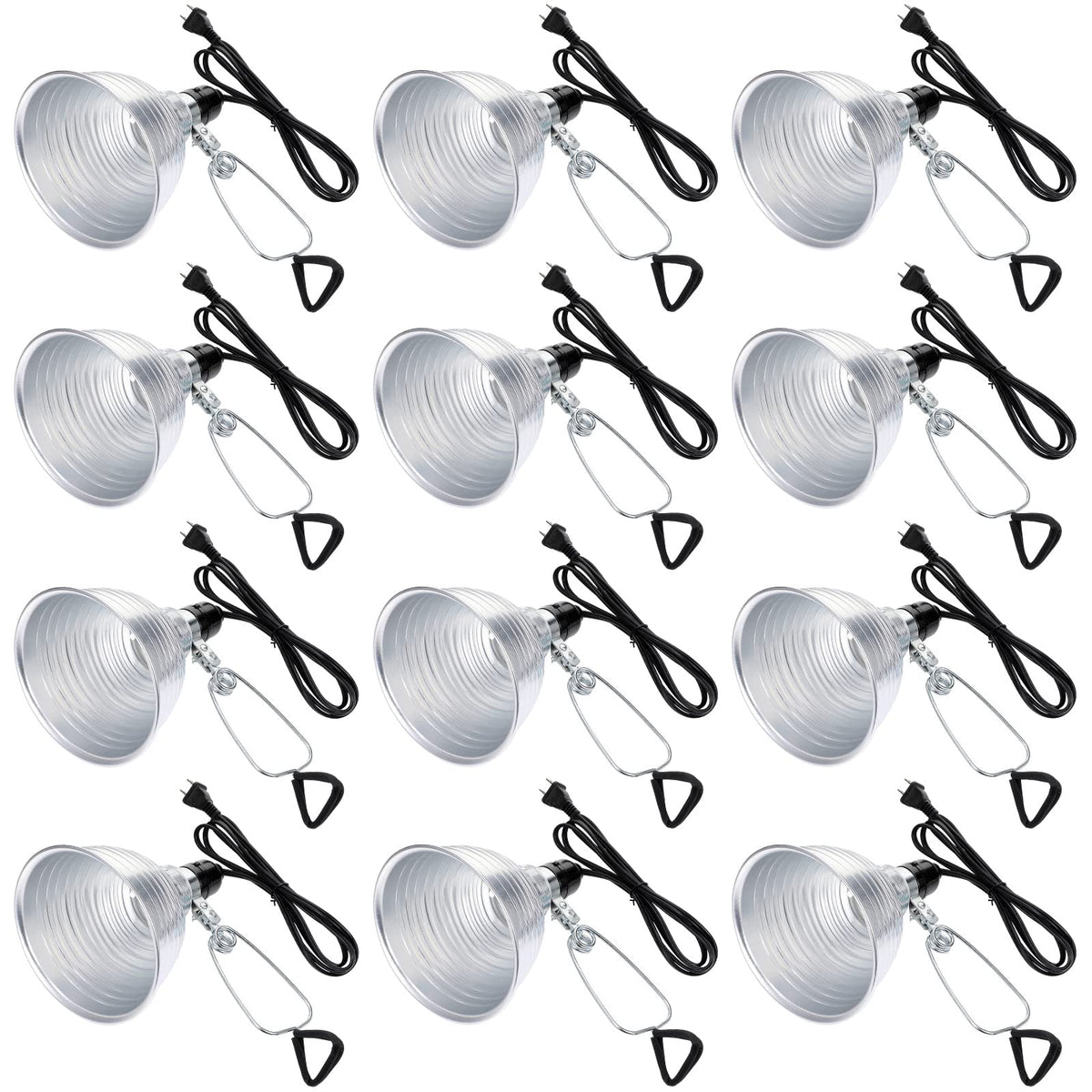 Macarrie front view of 12-pack clamp lamps showing compact reflectors and clamps
