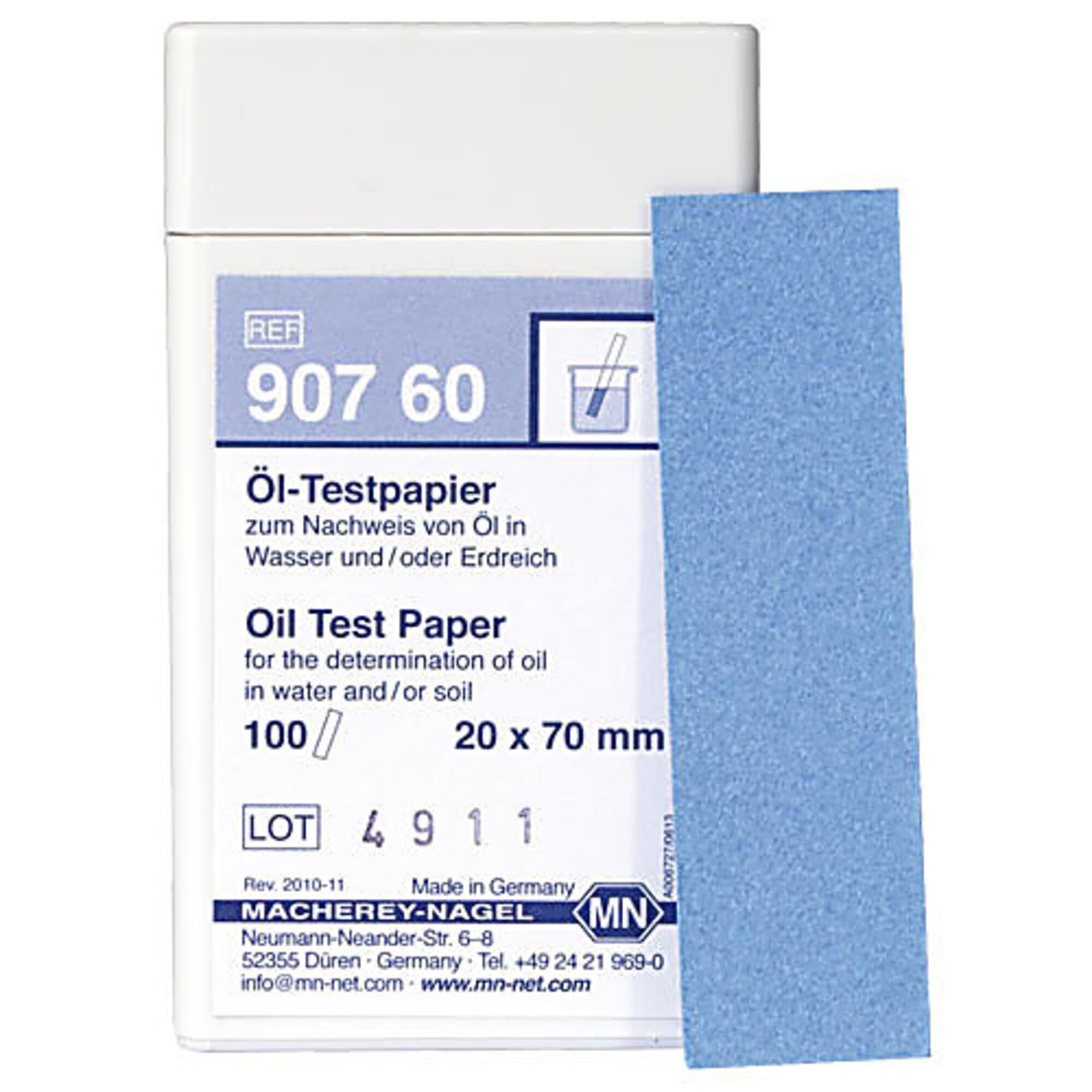 MACHEREY-NAGEL box of oil test paper strips showing packaging and quick screening benefit