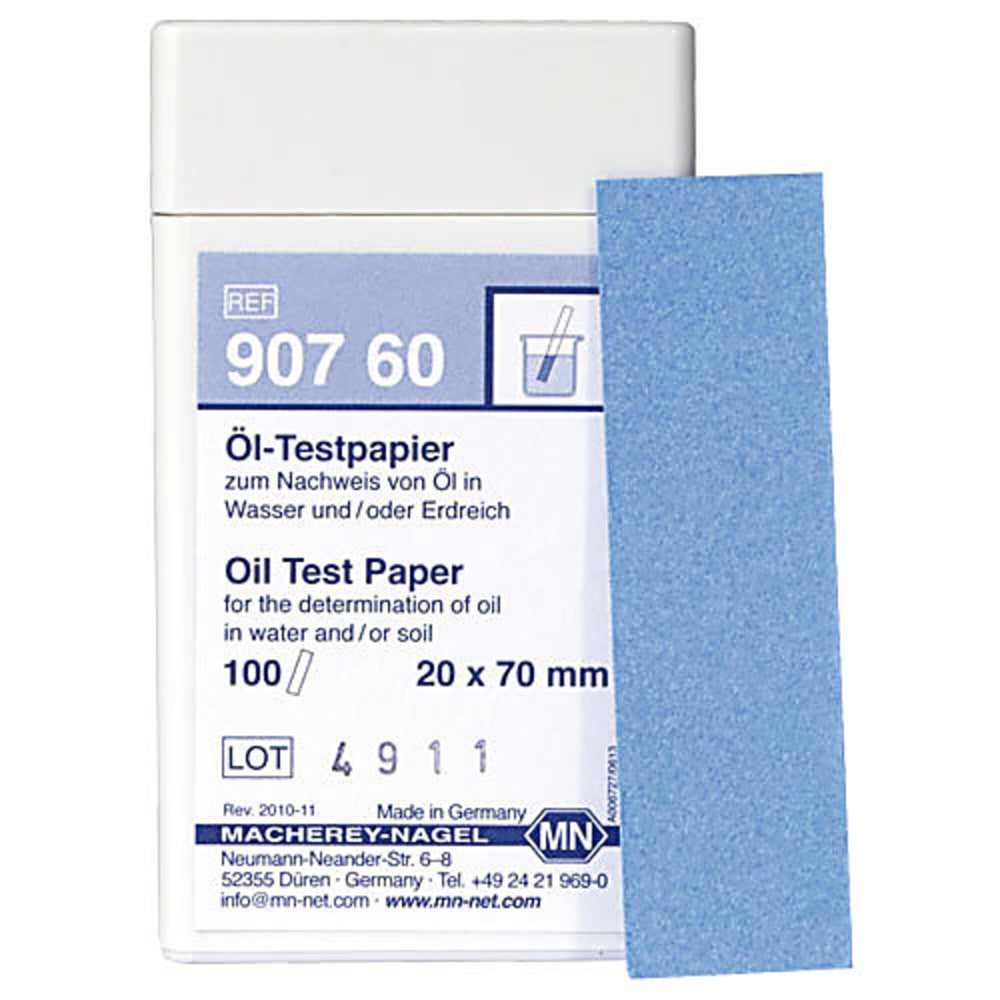MACHEREY-NAGEL box of oil test paper strips showing packaging and quick screening benefit